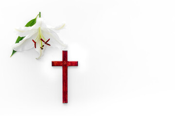 Lily funeral flower with cross. Condolence card with copy space
