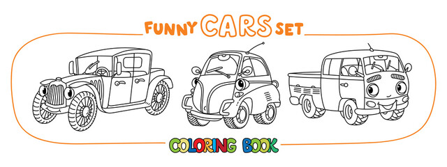 Naklejka premium Funny small retro cars with eyes coloring book set