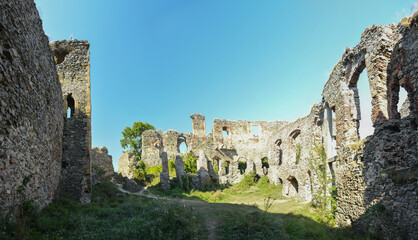 Fototapeta na wymiar Panorama with interior ruins of medieval Soimos Citadel. Romania