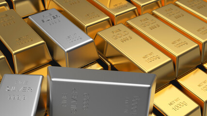 Rows of stacked gold bars and scattered silver bars. 3D illustration