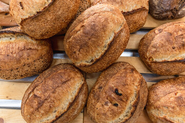 Various rustic bread on a wooden board. Healthy food and farming concept