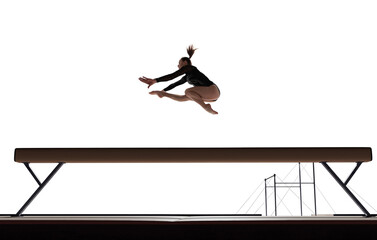 Female gymnast doing a complicated trick isolated on white.