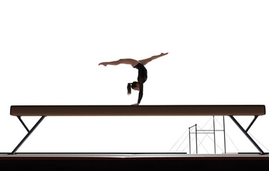 Female gymnast doing a complicated trick isolated on white.