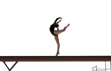 Female gymnast doing a complicated trick isolated on white.