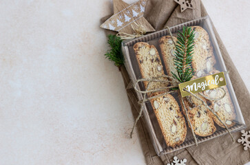 Delicious homemade Italian biscotti cookies in gift box made from craft paper. Idea for perfect...