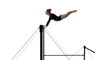 Female gymnast doing a complicated trick isolated on white.