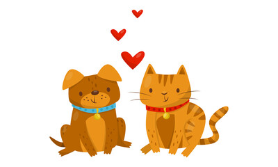 Cute Dog and Cat with Collar Sitting Together Vector Illustration