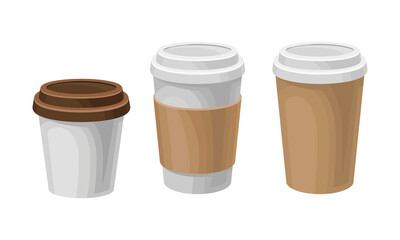 Cardboard Coffee Paper Cup with Closed Lid for Takeaway Drink Vector Set