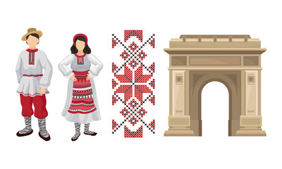 Romanian Traditional Architecture and Male and Female Clothing Fashion Vector Set