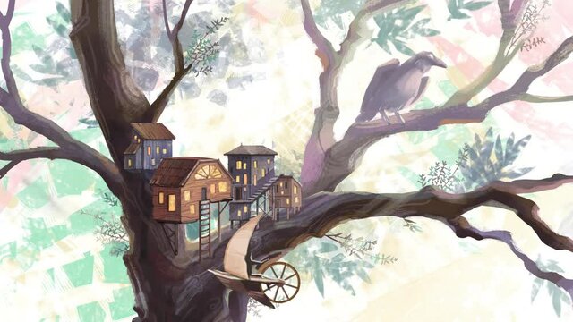 a village on a tree, a fairy town in the branches, steampunk, a fairy tale, a live illustration.
