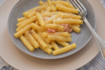 pasta rigatoni alla carbonara tradizionale piatto italiano con uova pancetta e formaggio pecorino