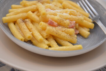 pasta rigatoni alla carbonara tradizionale piatto italiano con uova pancetta e formaggio pecorino