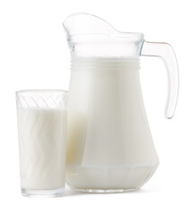 Glass jar and cup of fresh milk isolated