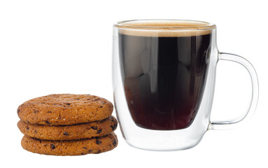 Glass cup of coffee with chocolate chip cookie isolated on white