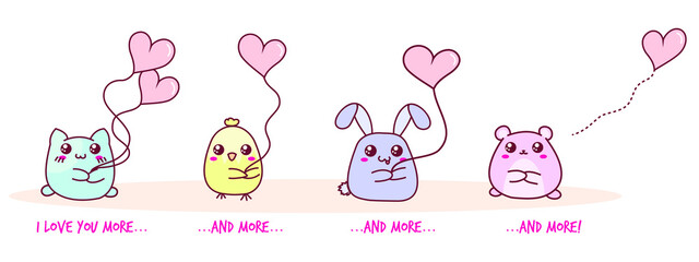 Vector romantic set of cute kawaii animals. Stickers with cat, bunny, chicken, hamster, hearts. Sweet pastel color.