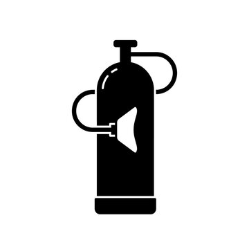 Oxygen cylinder tank with mask. Silhouette icon of gas bottle, balloon. Black illustration. Medical equipment for treatment, relief of breathing. Outline isolated vector pictogram, white background