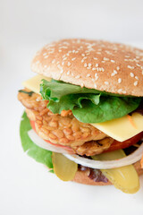 A vegan burger with vegetables and tomato

