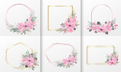 Set of watercolor floral frame for wedding monogram logo, invitation and greeting card design.