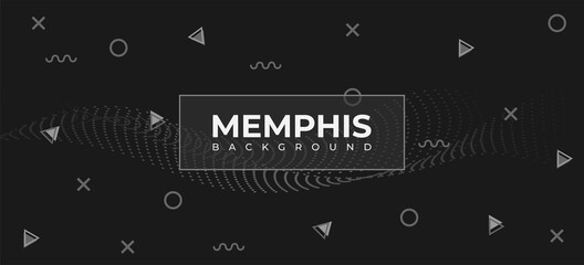 Dark Memphis background. Trendy geometric shapes and other elements. Applicable for brochure, cover, banner, web, social media post, music festival, sale banner.