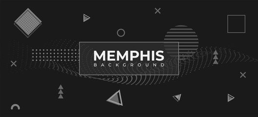 Dark Memphis background. Trendy geometric shapes and other elements. Applicable for brochure, cover, banner, web, social media post, music festival, sale banner.