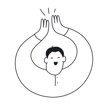 Outline excited cartoon man applauding, clapping hands. Jubilation, acclaim, joy, happiness, achievement. Elegant hand drawn line vector illustration on white.