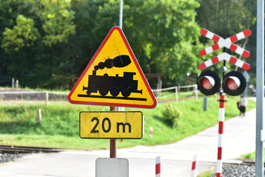 Railway crossing in the village of Krzeszna, in the center of the Kashubian Landscape Park, Pomeranian Voivodeship, Poland.
