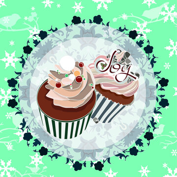 Light Blue Holiday Pattern Card With Cupcakes And Inscription 'Joy'.