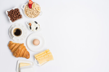 Breakfast, coffee, croissant, milk, butter, cheese, cottage chesse