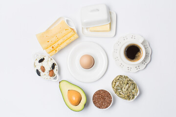 Obraz na płótnie Canvas Breakfast, coffee, cheese, egg, avocado, butter, seeds