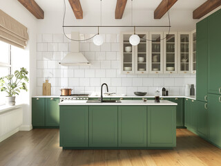 3d rendering of a green and beige rustic country kitchen with white tiles, an island and wood logs on ceiling
