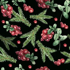 Foto op Plexiglas Lingonberry berries. Winter holidays. Hand-drawn watercolor pattern. Bright beautiful print, textile, background. forest. Cotton, snowberry, spruce, pine, branches and cones. Seamless pattern  © Paint_art