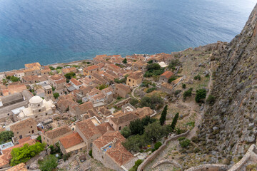 Obraz premium Monemvasia, a fascinating medieval fortified village on a small island of the southern coast of the Peloponnese , Greece.