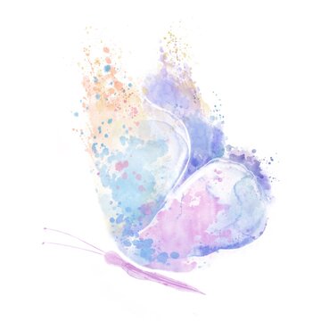 Butterfly made of blots and splashes on an isolated white background. Watercolor illustration.