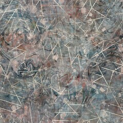 Chic formal grungy geometric shapes texture seamless pattern. High quality illustration. Strange abstract geo design in a trendy posh exotic style. Grainy fabric texture overlay.