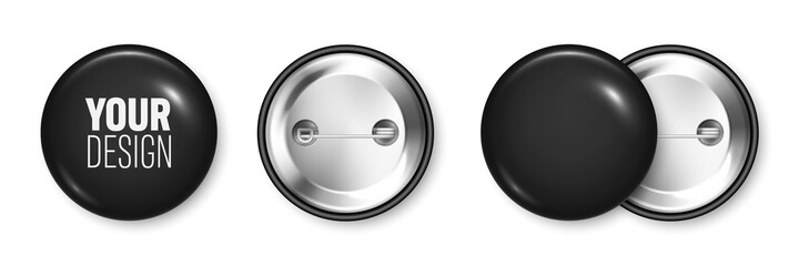 Realistic black blank badge. 3D glossy round button. Pin badge mockup. Vector illustration.