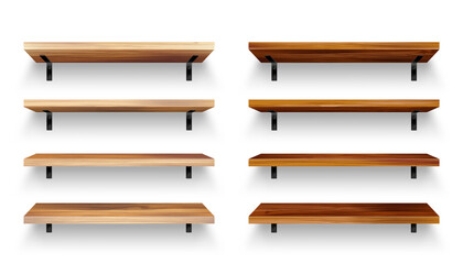 Realistic empty wooden store shelves set. Product shelf with wood texture and black wall mount. Grocery rack. Vector illustration.