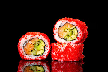 California rolls, covered by red caviar 