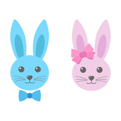 cute faces of easter bunnies with bow on white background
