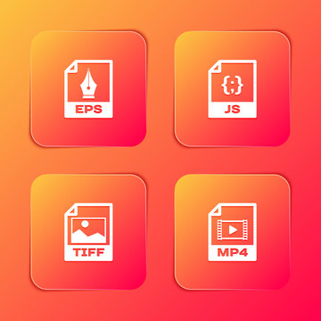 Set EPS file document, JS, TIFF and MP4 icon. Vector.