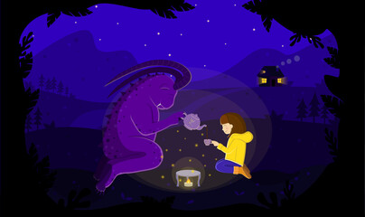 A girl drinks tea with a monster in the forest.