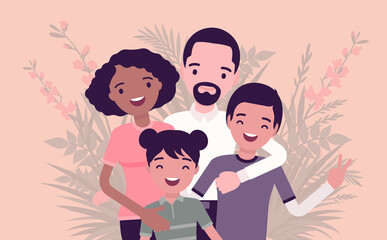 Multicultural happy family, parents and kids of different race, culture. Father, mother, son, daughter portrait, four members posing together, smiling in love. Vector creative stylized illustration