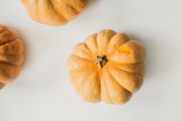 Vivid minimal flat lay with bright orange pumpkins. Autumn harvest. Halloween holiday. Healthy culinary ingredient for homemade pie or puree soup.Top view with white background.