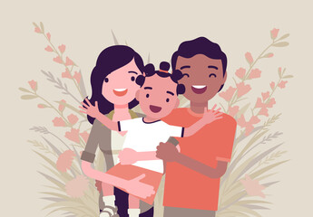 Multicultural happy family, parents and kid of different race, culture. Father, mother and daughter portrait, three members posing together, smiling in love. Vector creative stylized illustration