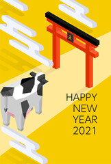 2021年年賀状　鳥居と牛　アイソメトリック