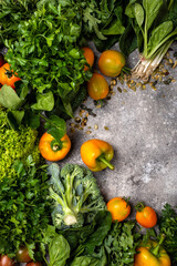 Assorted organic vegetables and greens. Close-up.