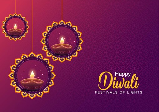  Happy Diwali celebration background. front view of banner design decorated with illuminated oil lamps on patterned stylish background. vector illustration