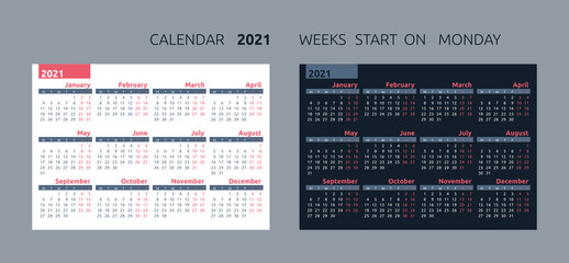 2021 calendar template. 2021 yearly minimalistic calendar. 12 months yearly calendar 2021. Week starts on monday.