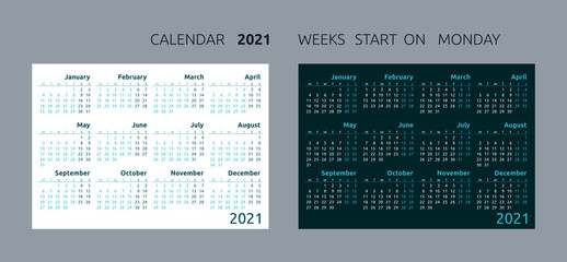 2021 calendar template. 2021 yearly minimalistic calendar. 12 months yearly calendar 2021. Week starts on monday.