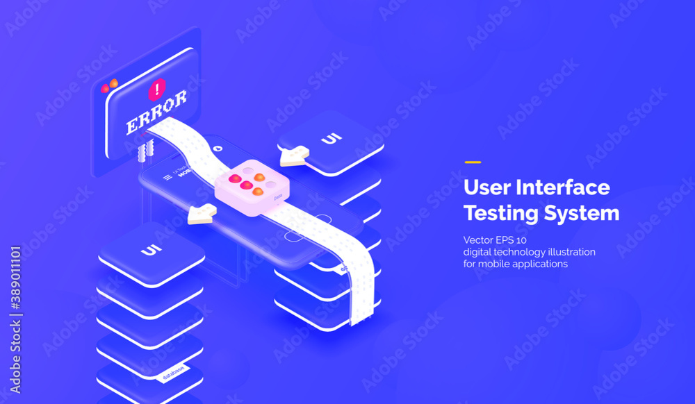 Fototapete User interface testing. Mobile phone with a system for testing UI and monitoring application data. Mobile Application Errors. Vector illustration isometric style.