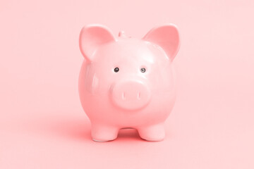 Piggy bank on pink background, budgeting concept